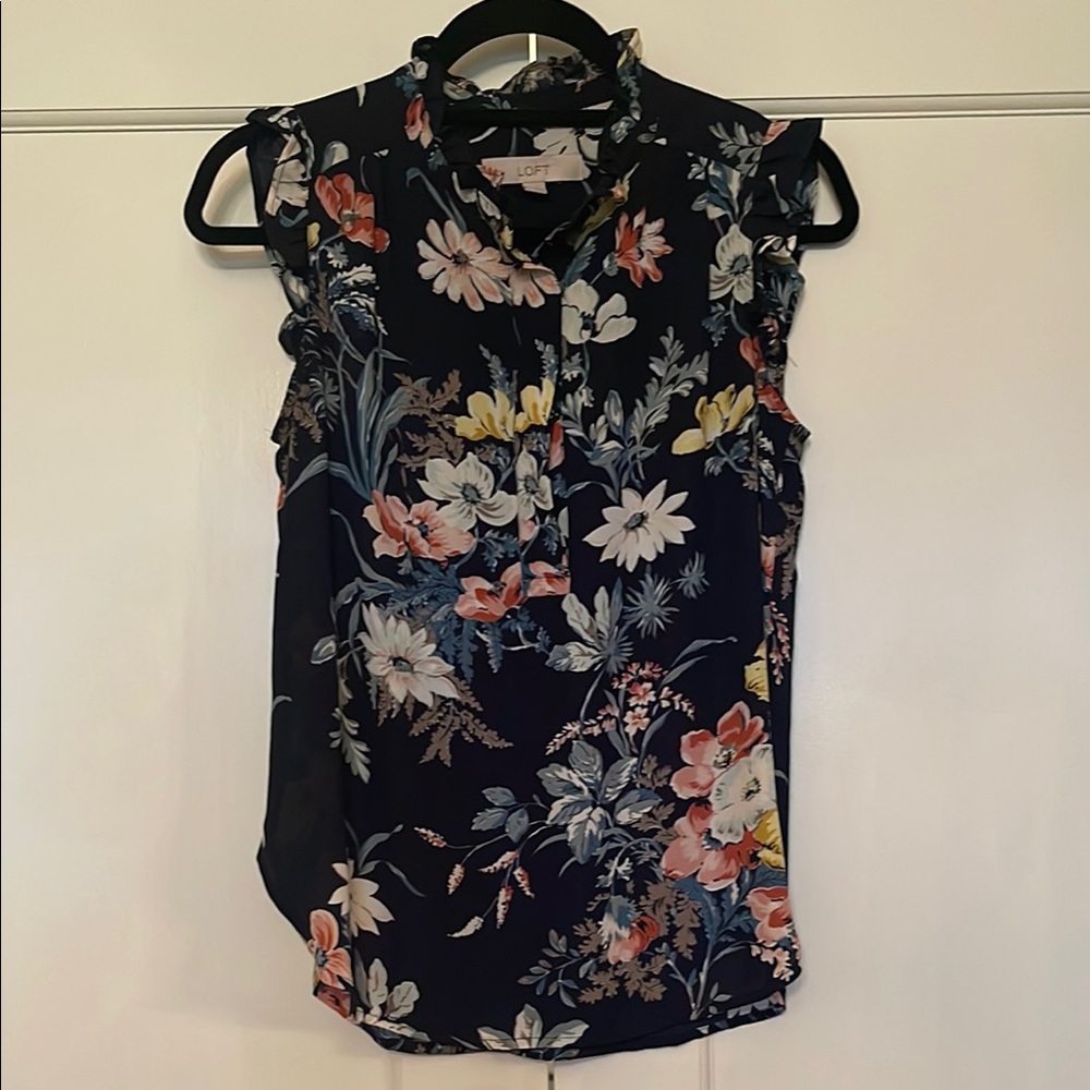 LOFT Navy Sleeveless Ruffled Blouse with Mandarin Collar